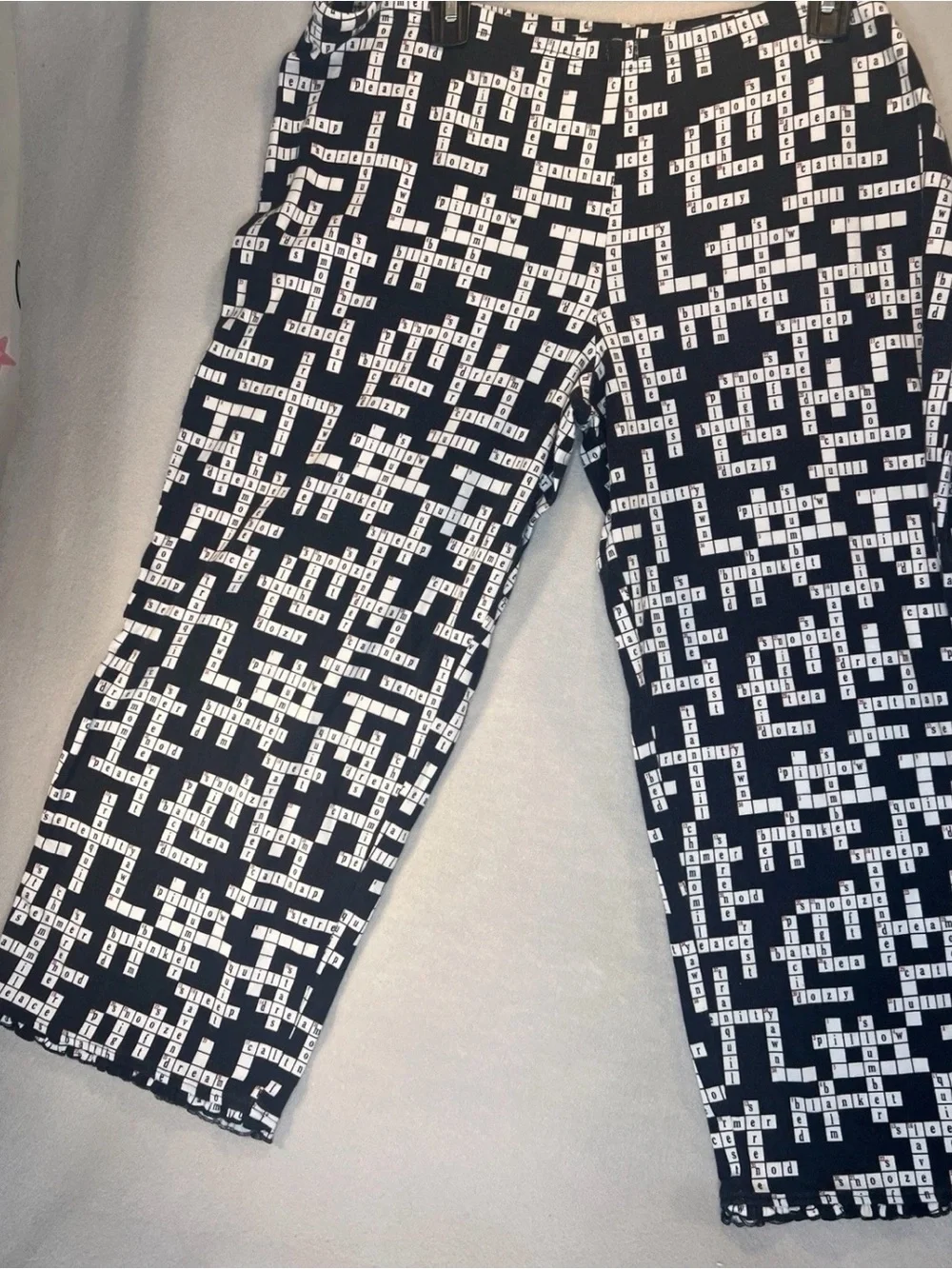 Cabernet Lounge Petite Pajama Set Large Black Crossword Print Long Sleeve Cotton